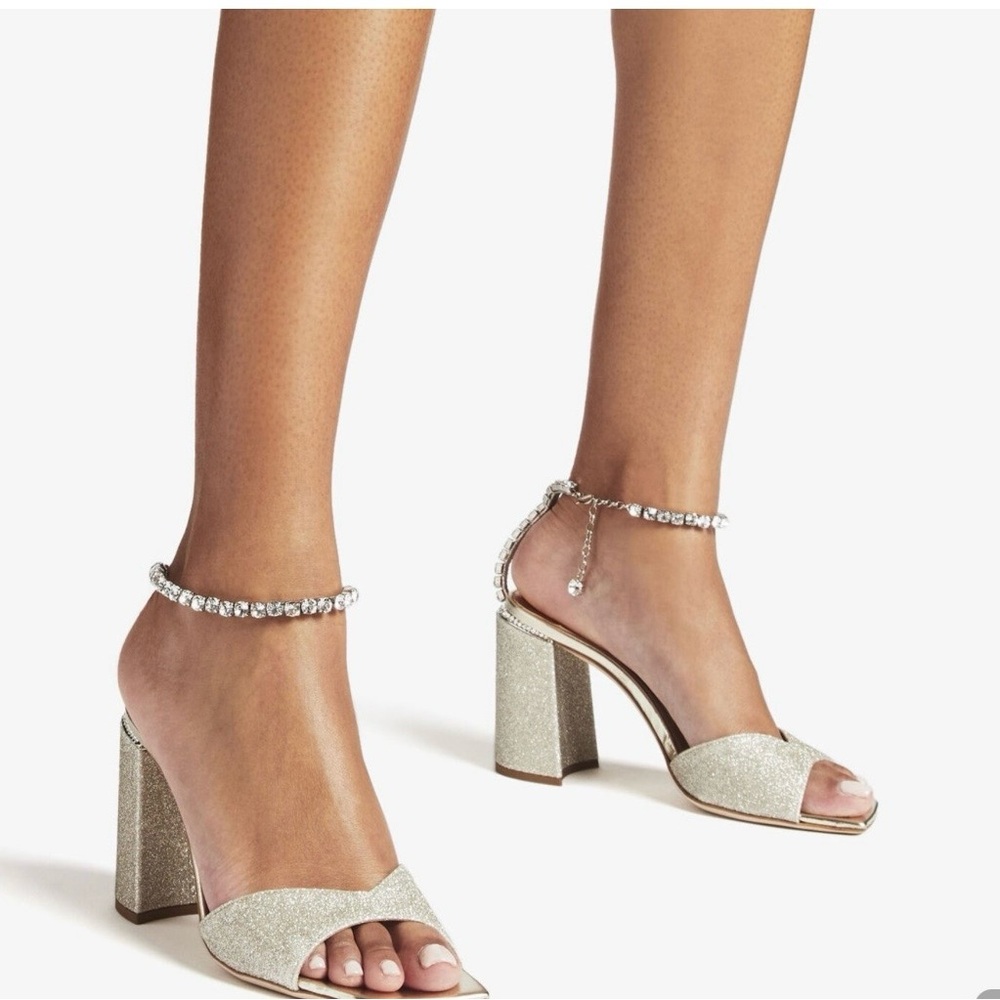 JIMMY CHOO
Saeda Sandal Platinum Ice Glitter Sandals with Crystal Chain